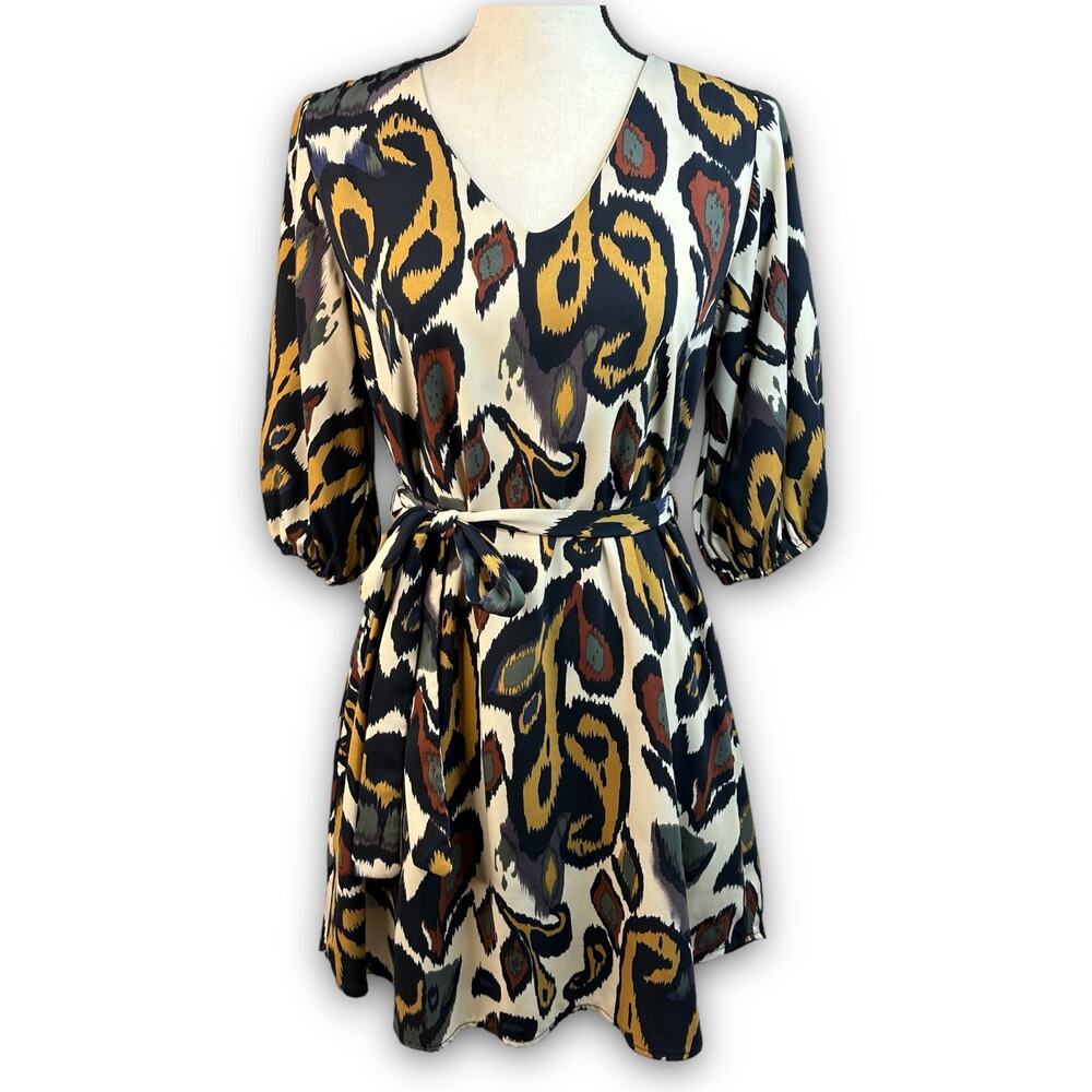Bold Print Vneck Dress Half Sleeve Tie Waist Knee Length Abstract Paisley Small